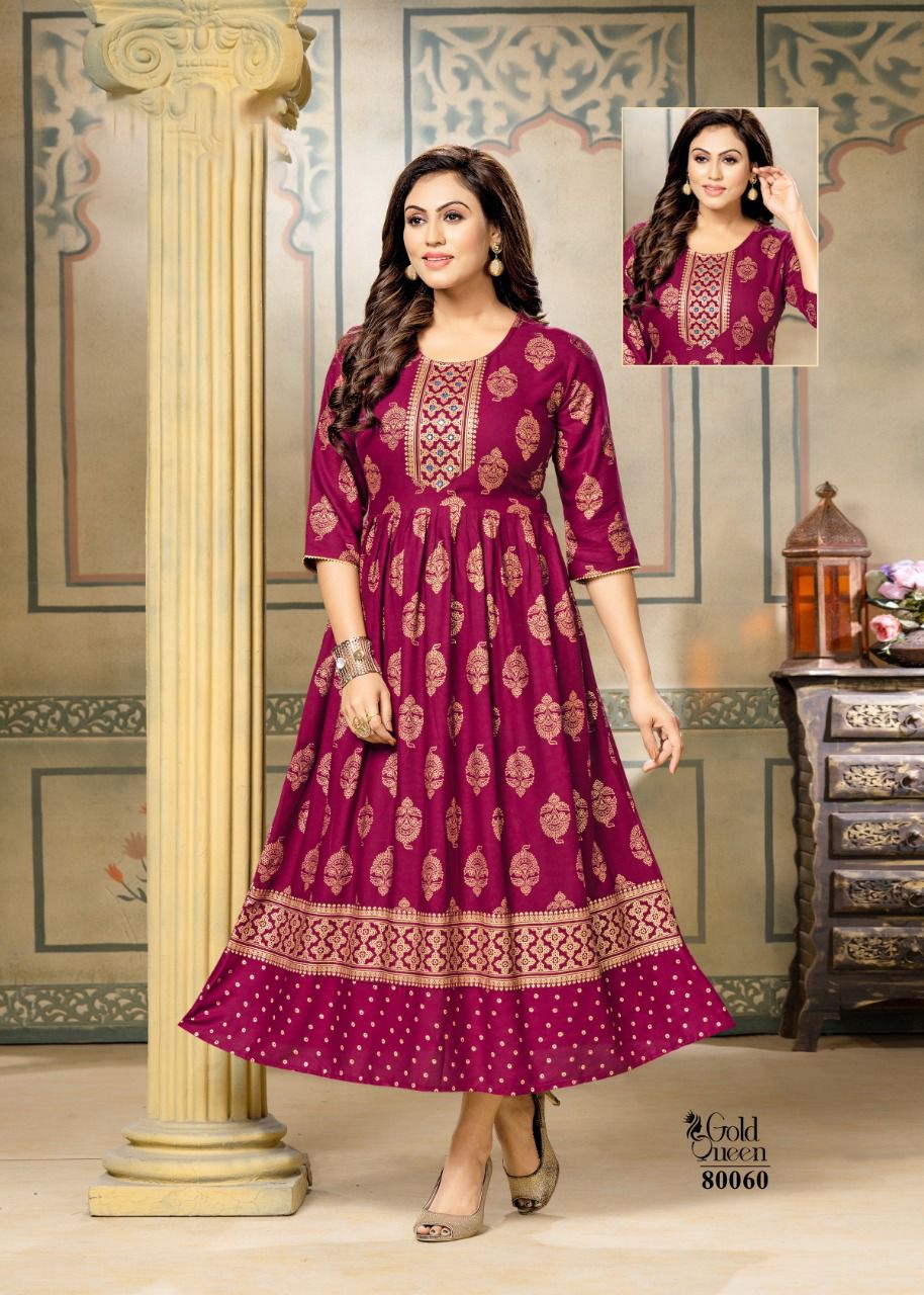 Mayra Gold Queen New Fancy Ethnic Wear Rayon Printed Long Anarkali Kurti Collection